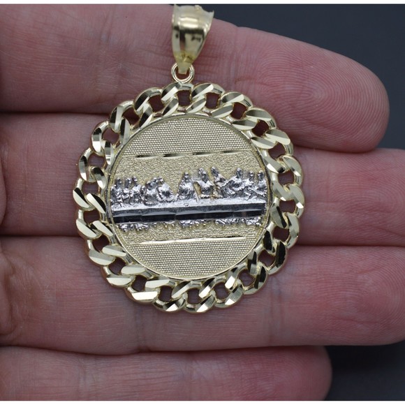 Real 10K Yellow Gold Last Supper Jesus Cuban Link Medallion Pendant 36.6mm 6.2gr - Picture 2 of 6